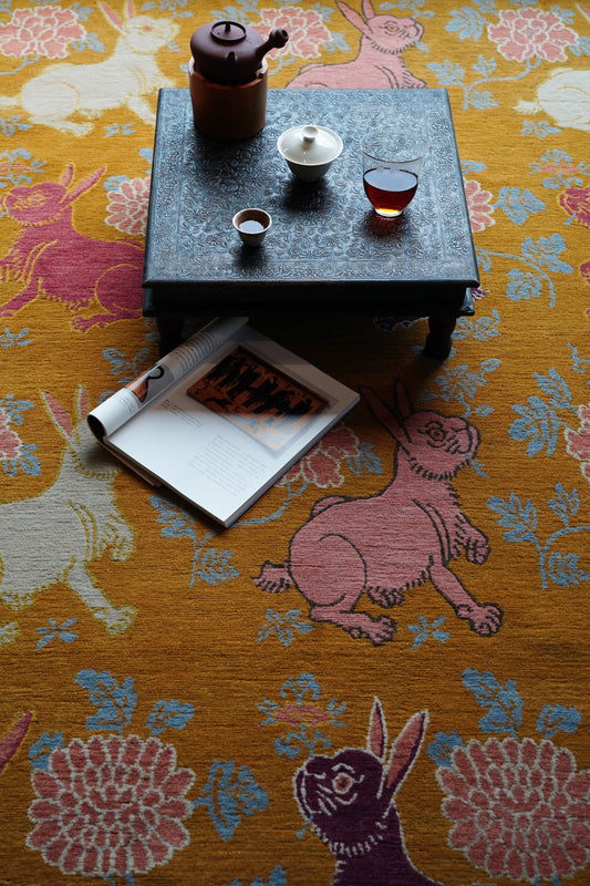 Handwoven Wool Tibetan Rug – Auspicious Rabbit Holding Ganoderma Ming Dynasty Inspired Motif