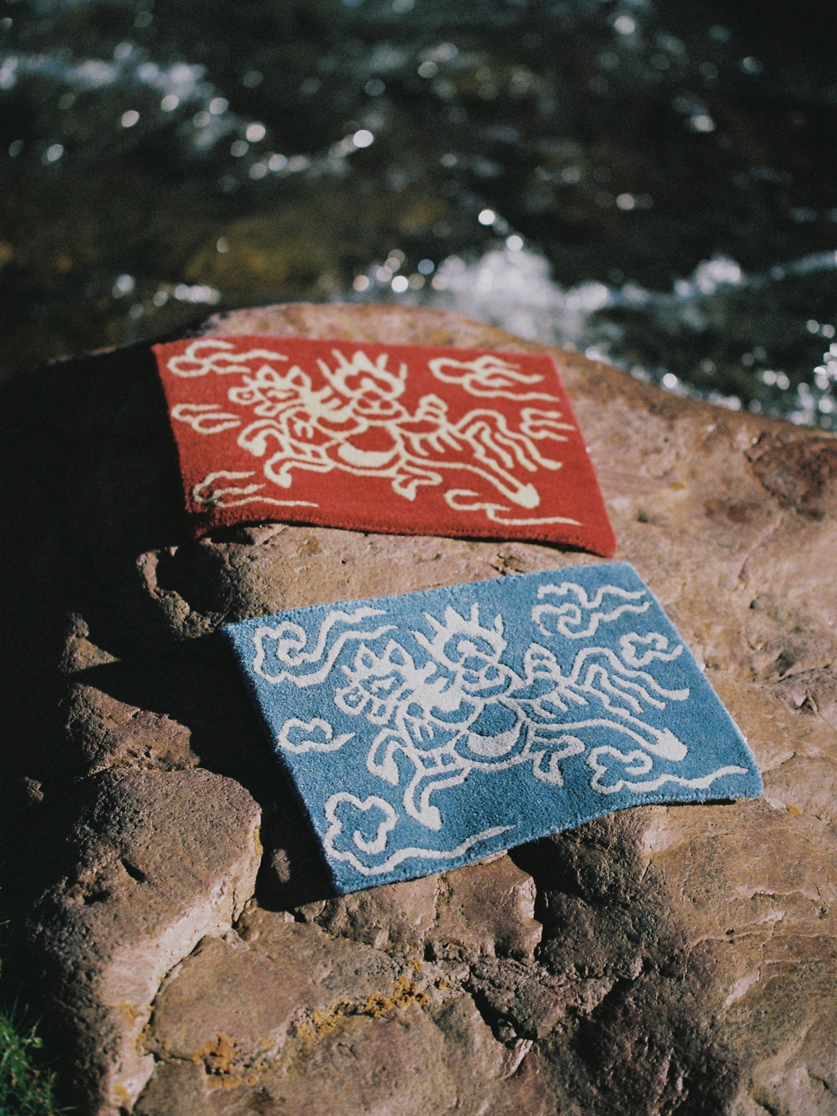 Handwoven Wool Tibetan Rug - Wind Horse Lungta Tea Talisman Motif