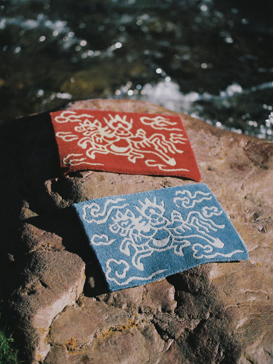 Handwoven Wool Tibetan Rug - Wind Horse Lungta Tea Talisman Motif