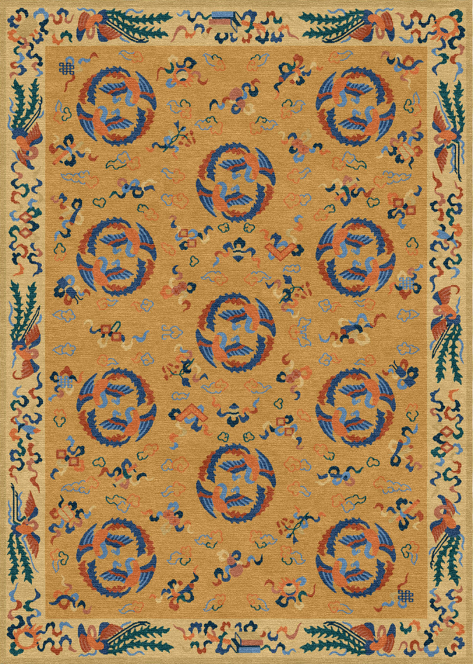 Handwoven Wool Imperial Chinese Carpet – Round Phoenix & Treasure Motifs on Yellow Ground
