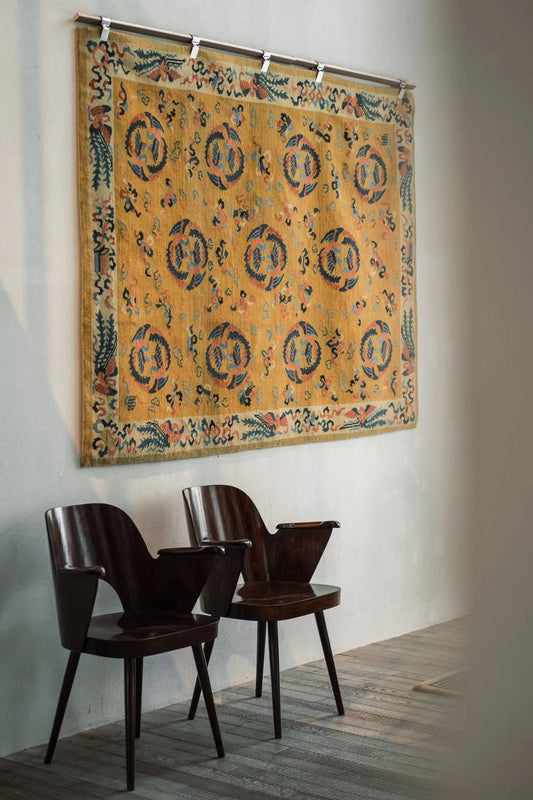 Handwoven Wool Imperial Chinese Carpet – Round Phoenix & Treasure Motifs on Yellow Ground
