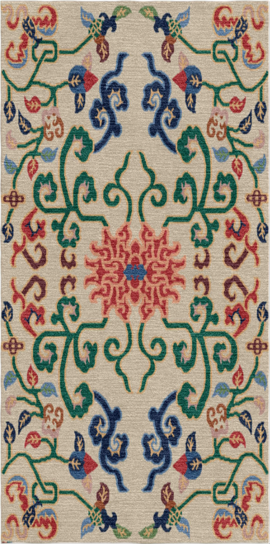 Handwoven Wool Tibetan Rug - Intertwined Stem Lotus on Ivory Background Motif