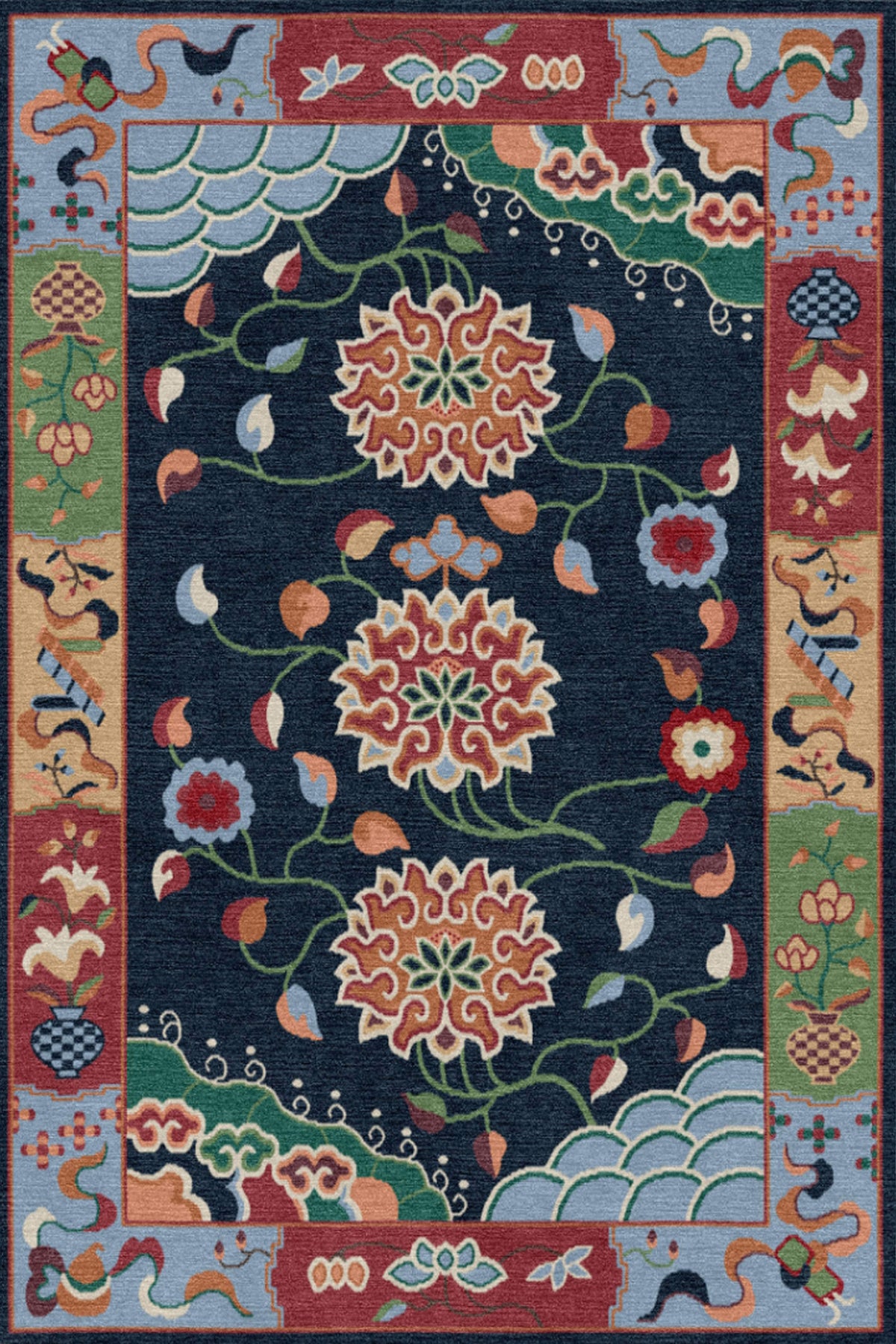 Handmade Wool Tibetan Rug with Mountain, Water and Lotus Pattern