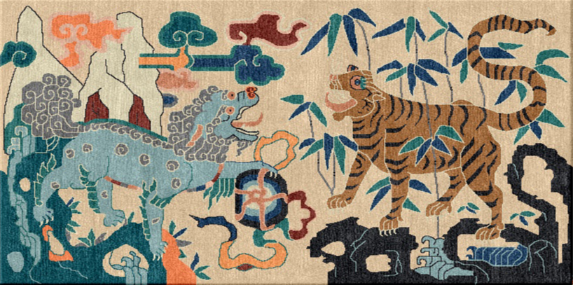 Handmade Wool Tibetan Rug with Snow Lion and Tiger Pattern