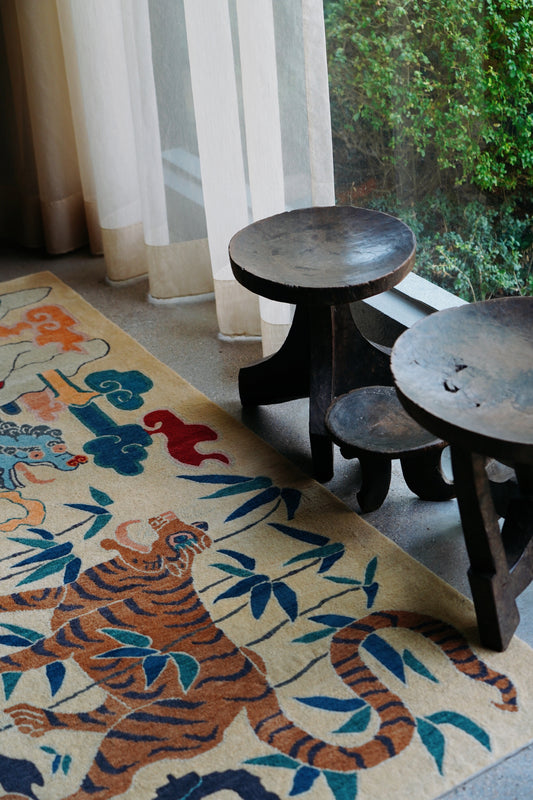Handmade Wool Tibetan Rug with Snow Lion and Tiger Pattern