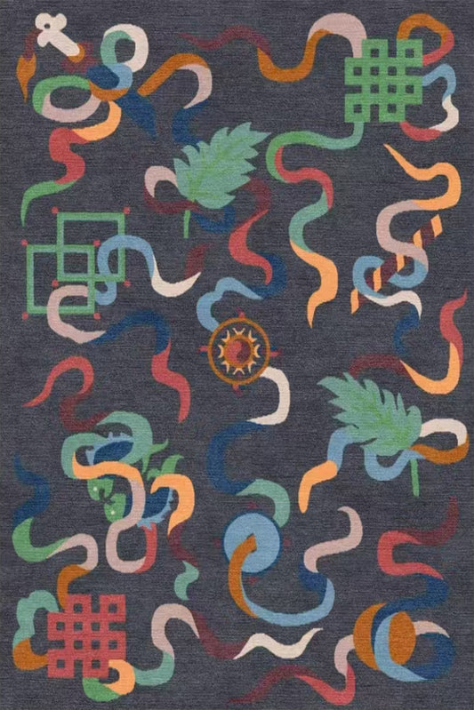Handwoven Wool Tibetan Rug - Auspicious Knot Eight Treasures Motif
