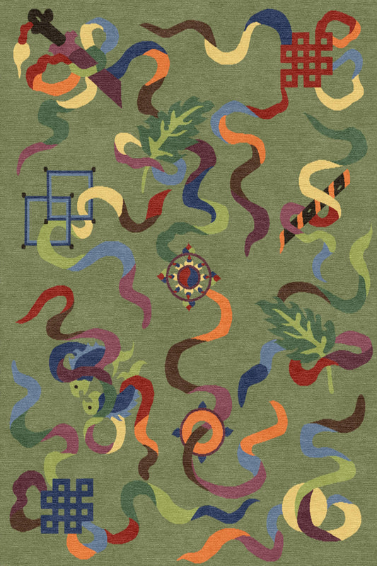 Handmade Wool Tibetan Rug with Eight Auspicious Symbols (Tashi Dargye) Pattern
