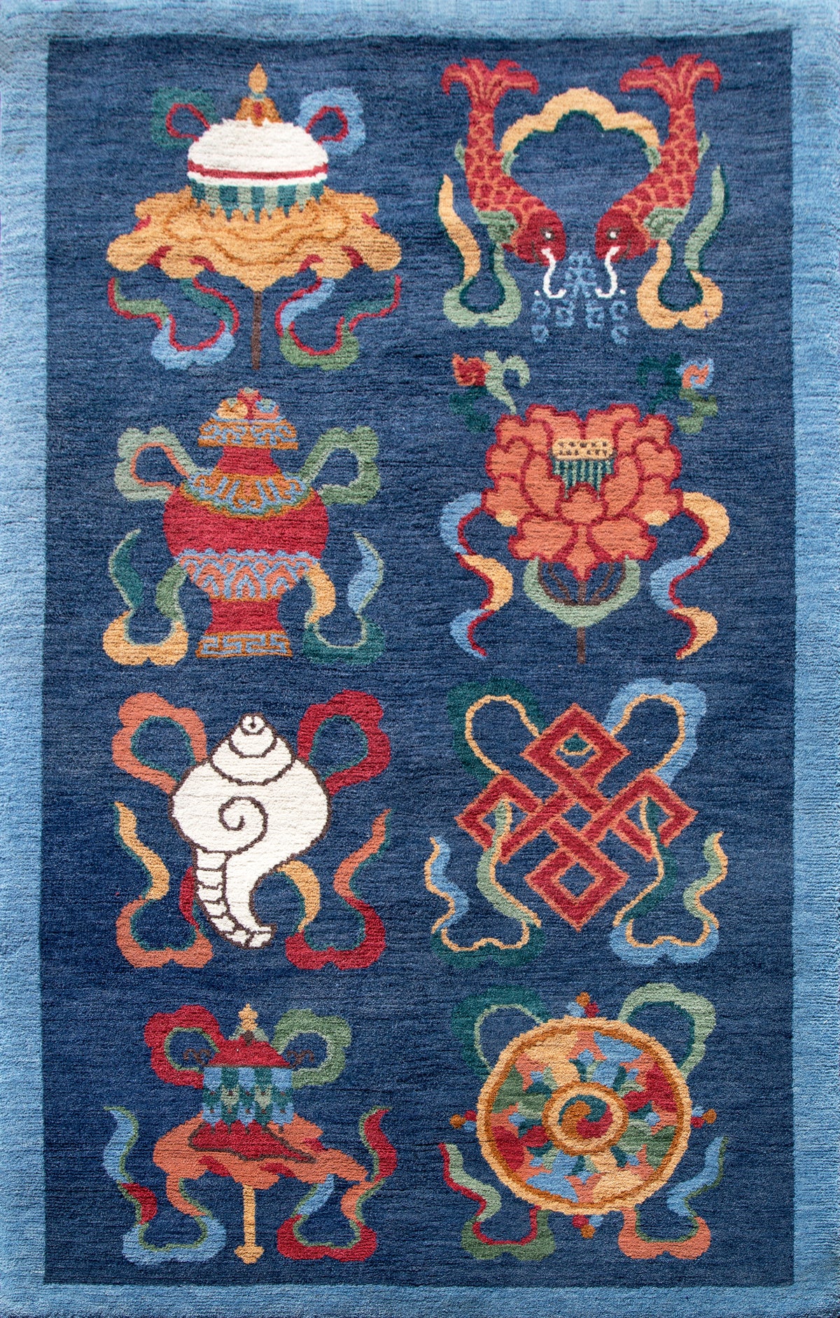 Handmade Wool Tibetan Rug with Eight Auspicious Symbols (Tashi Dargye) Pattern