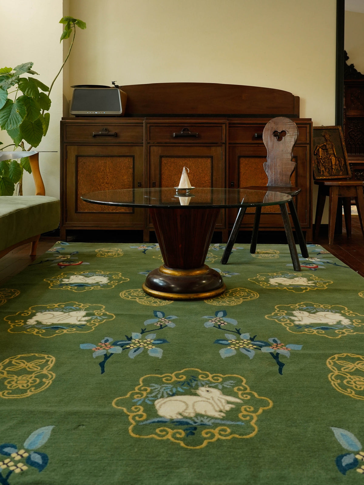 Handwoven Wool Tibetan Rug – Jade Rabbit & Moon Osmanthus Qing Dynasty Embroidery Inspired Motif
