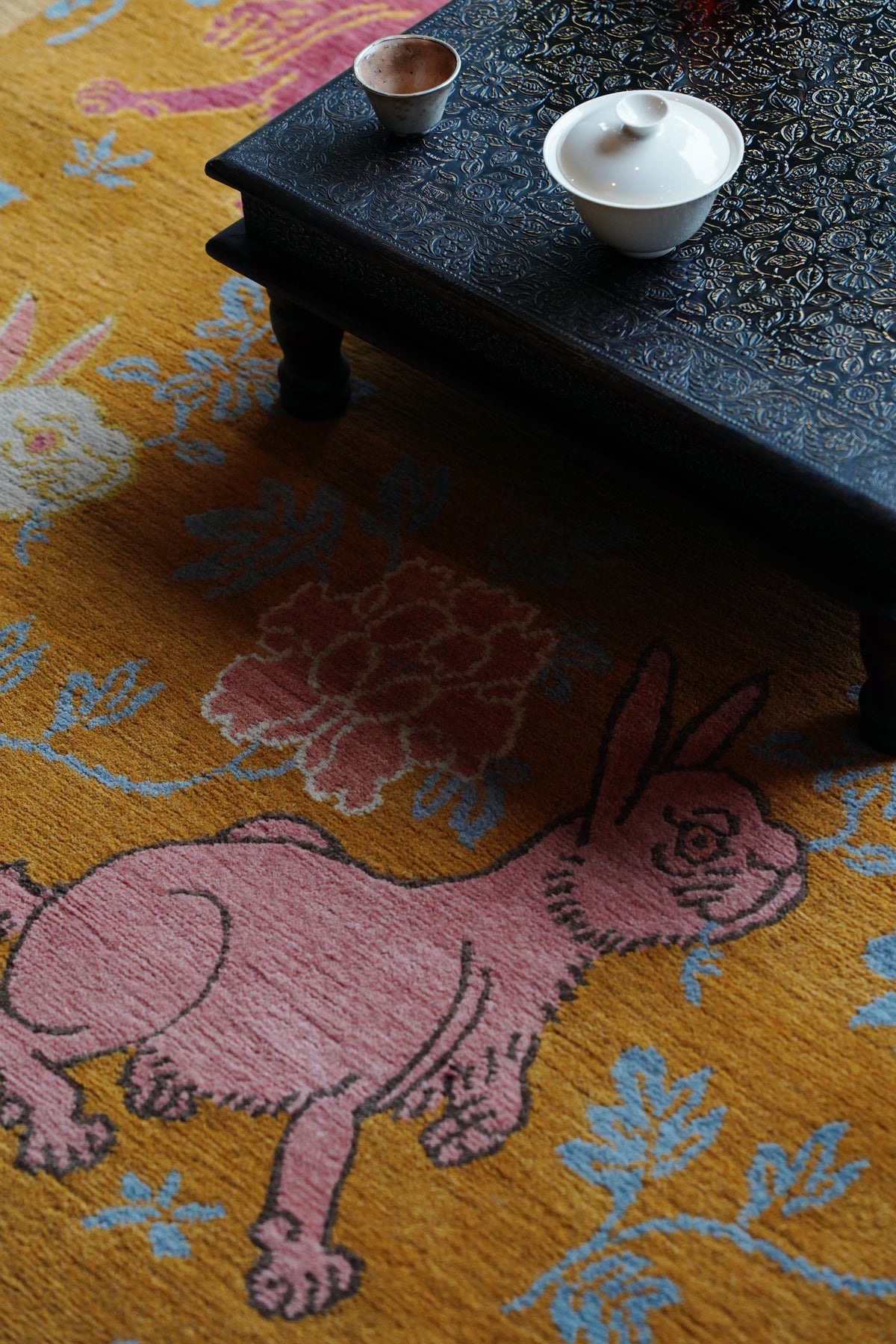 Handwoven Wool Tibetan Rug – Auspicious Rabbit Holding Ganoderma Ming Dynasty Inspired Motif
