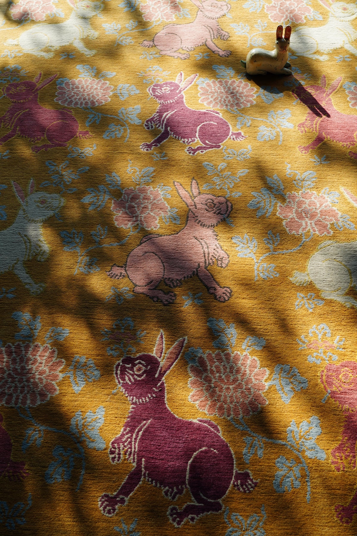 Handwoven Wool Tibetan Rug – Auspicious Rabbit Holding Ganoderma Ming Dynasty Inspired Motif