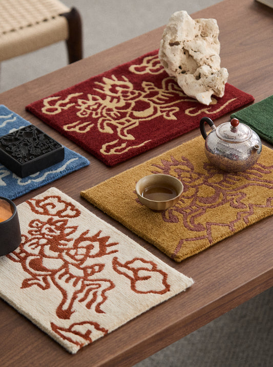 Handwoven Wool Tibetan Rug - Wind Horse Lungta Tea Talisman Motif