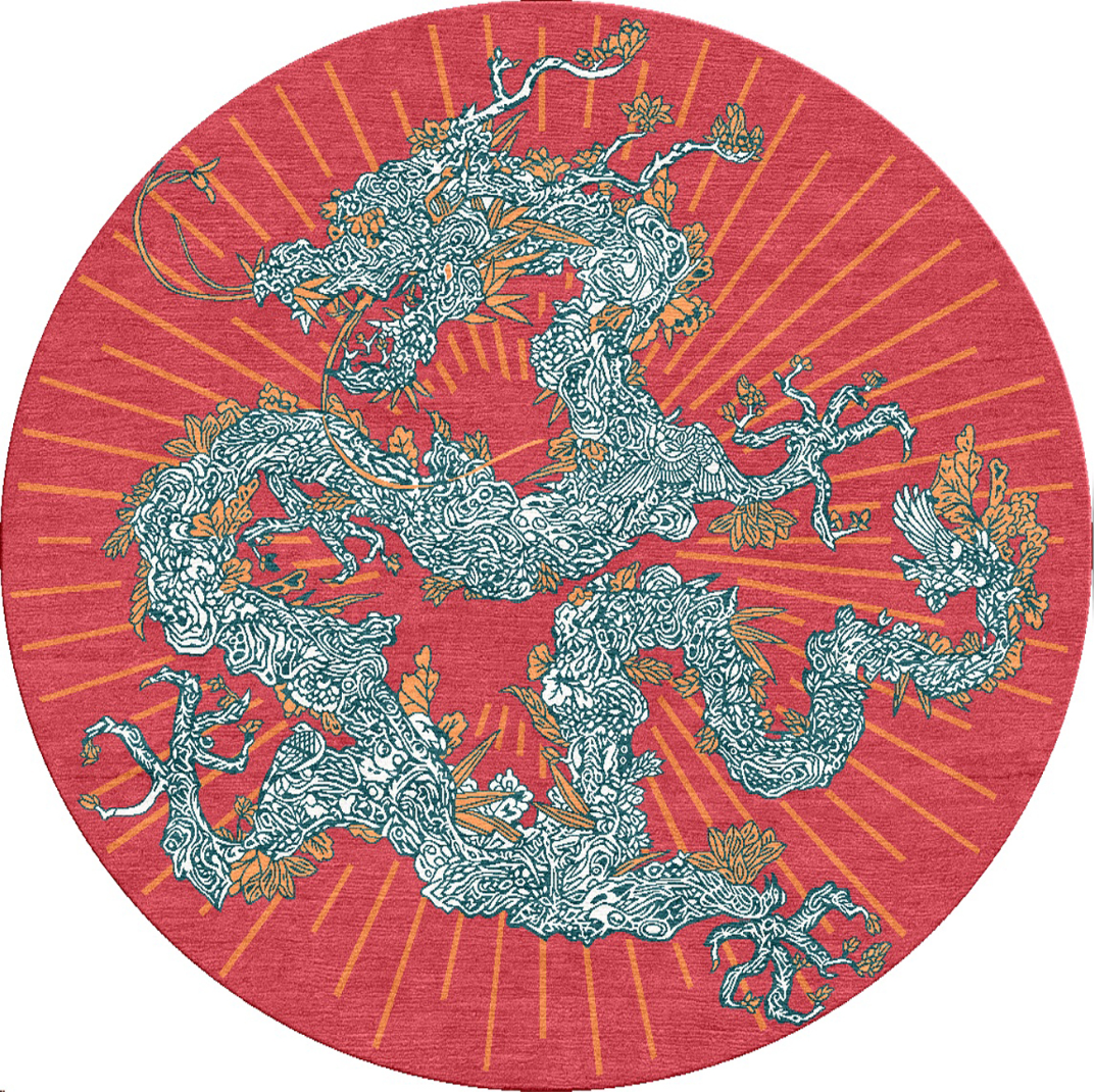 Handwoven Wool Art Tapestry – Jacky Tsai Floral Dragon Oriental Pop Art Motif