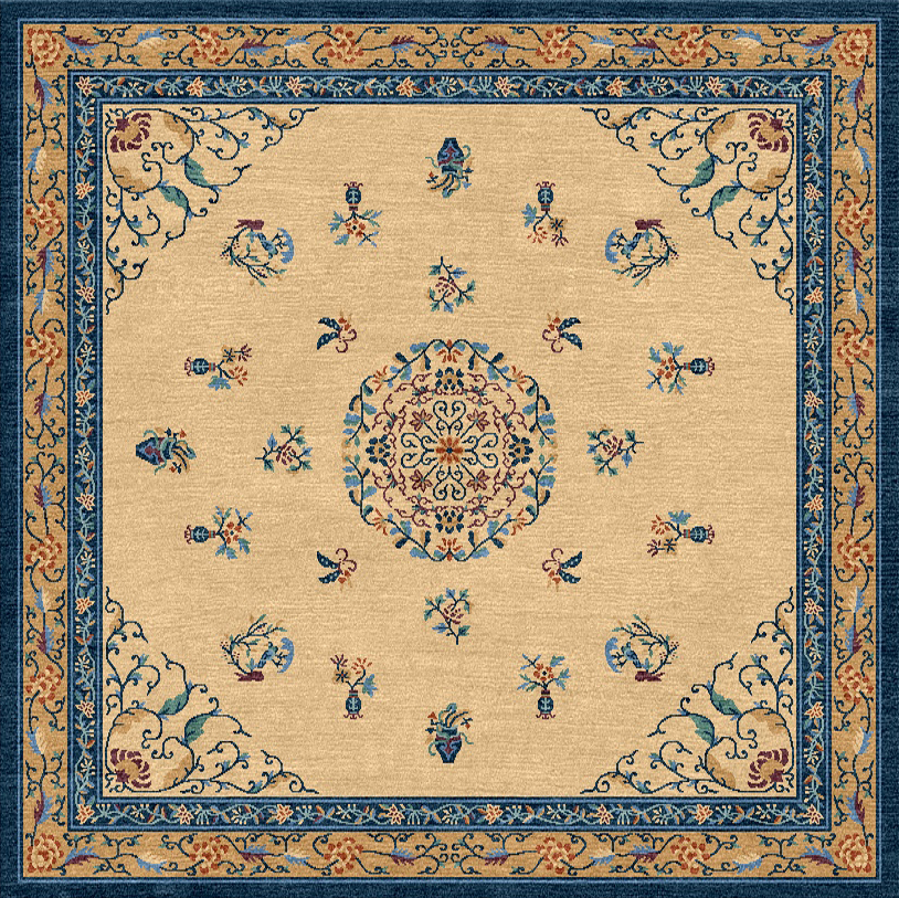 Handwoven Wool Imperial Chinese Carpet – Treasure Flower on Cream Ground Forbidden City Traditional Floral Motif