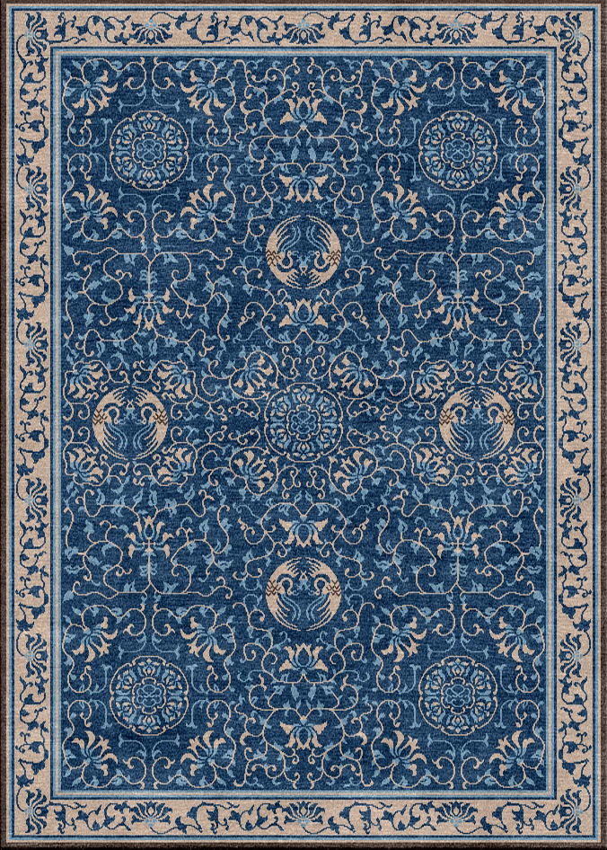 Handwoven Wool Imperial Chinese Carpet – Round Crane & Lotus Motifs on Deep Blue Ground