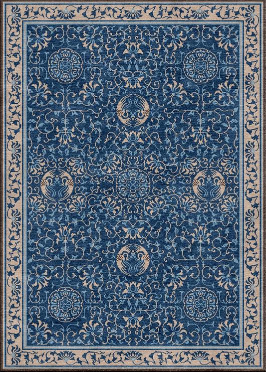 Handwoven Wool Imperial Chinese Carpet – Round Crane & Lotus Motifs on Deep Blue Ground