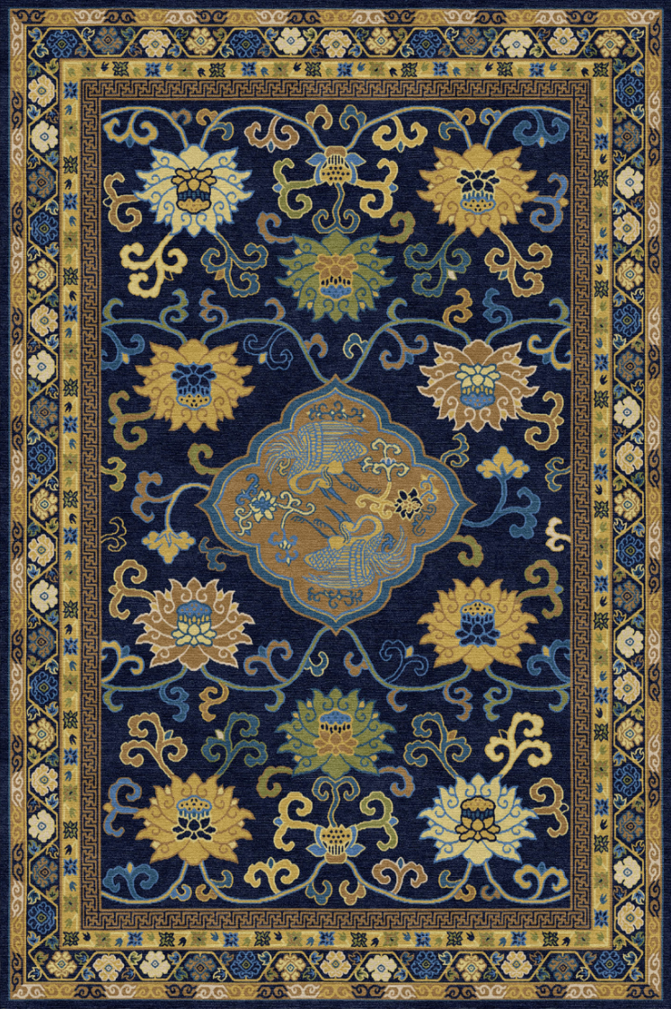 Handwoven Wool Imperial Tibetan Carpet – Scrolling Lotus & Mandarin Duck Zen Motif
