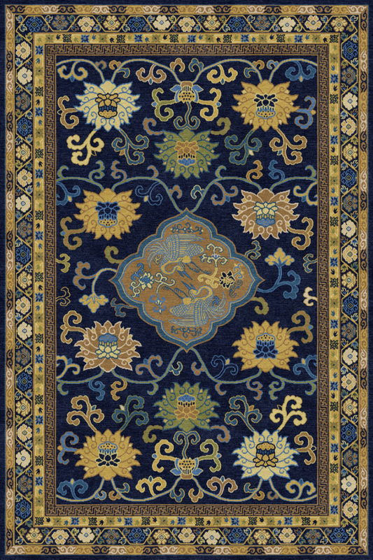 Handwoven Wool Imperial Tibetan Carpet – Scrolling Lotus & Mandarin Duck Zen Motif