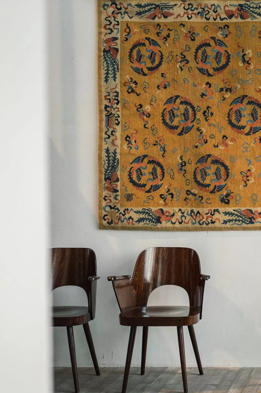 Handwoven Wool Imperial Chinese Carpet – Round Phoenix & Treasure Motifs on Yellow Ground