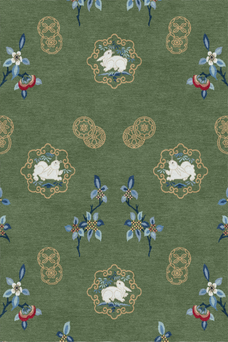Handwoven Wool Tibetan Rug – Jade Rabbit & Moon Osmanthus Qing Dynasty Embroidery Inspired Motif