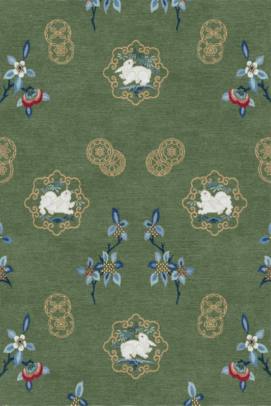 Handwoven Wool Tibetan Rug – Jade Rabbit & Moon Osmanthus Qing Dynasty Embroidery Inspired Motif