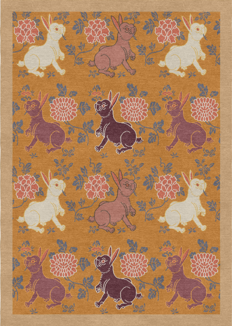 Handwoven Wool Tibetan Rug – Auspicious Rabbit Holding Ganoderma Ming Dynasty Inspired Motif