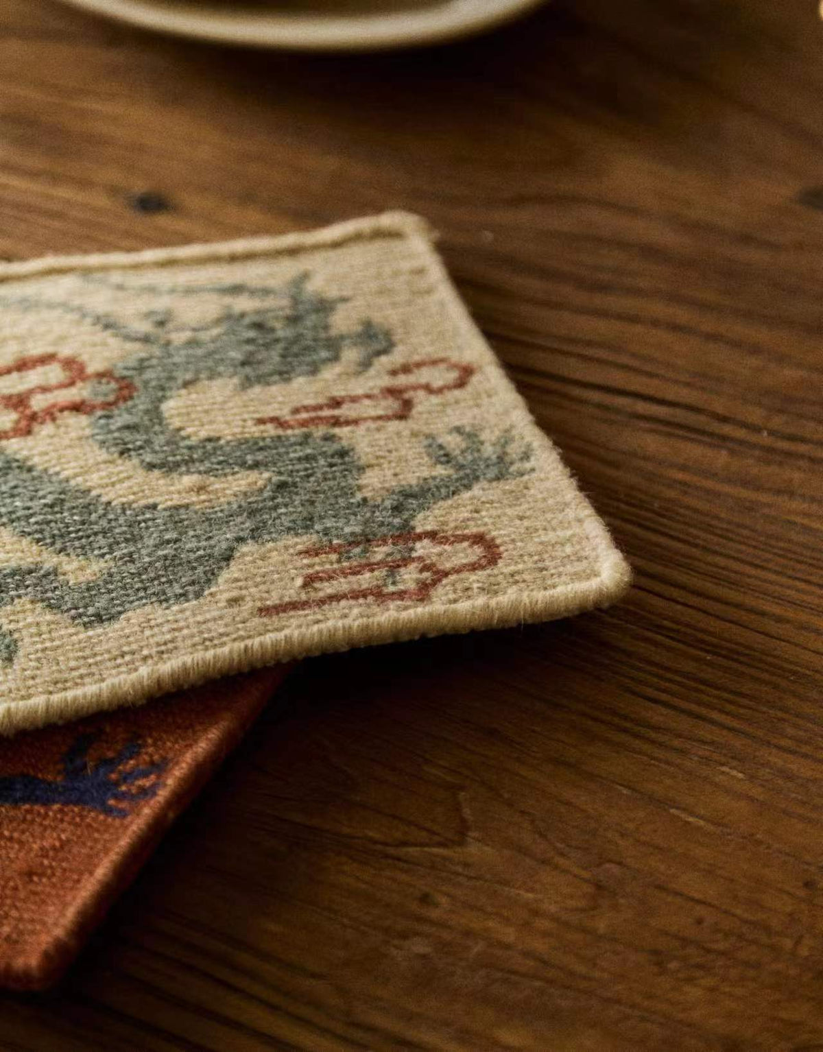 Handwoven Wool Tibetan Rug Coaster - Auspicious Dragon Tea Talisman Motif