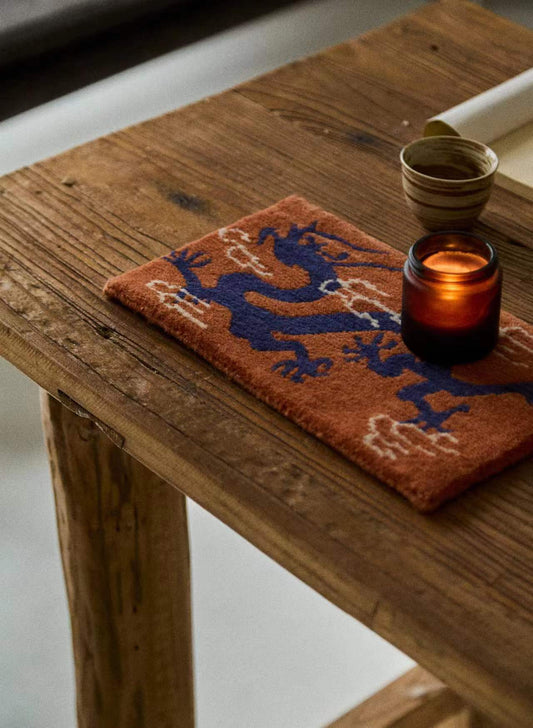 Handwoven Wool Tibetan Rug Coaster - Auspicious Dragon Tea Talisman Motif