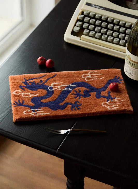Handwoven Wool Tibetan Rug Coaster - Auspicious Dragon Tea Talisman Motif