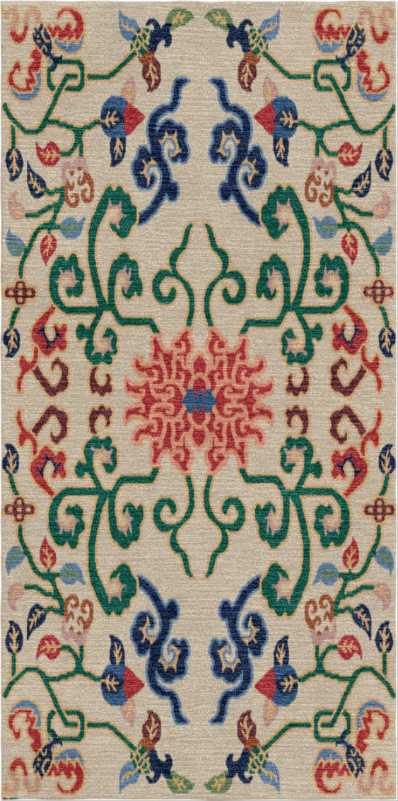 Handwoven Wool Tibetan Rug - Intertwined Stem Lotus on Ivory Background Motif
