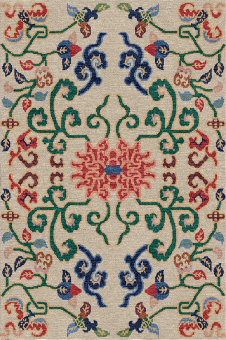 Handwoven Wool Tibetan Rug - Intertwined Stem Lotus on Ivory Background Motif
