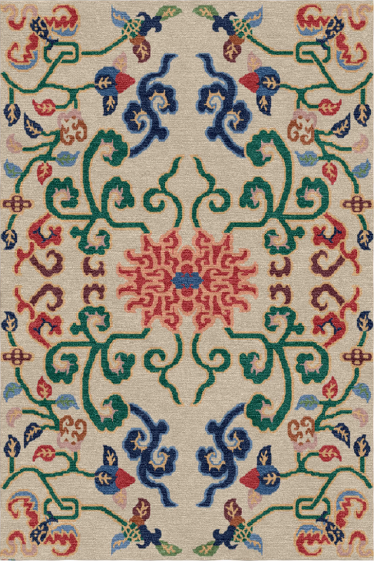 Handwoven Wool Tibetan Rug - Intertwined Stem Lotus on Ivory Background Motif