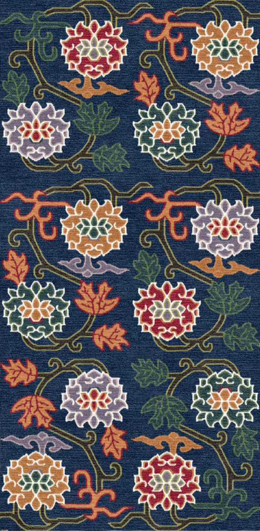 Handwoven Wool Tibetan Rug - Twelve Padma Figurative Lotus Motif
