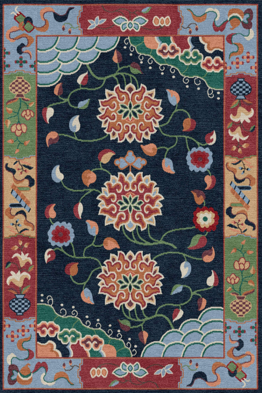 Handmade Wool Tibetan Rug with Mountain, Water and Lotus Pattern