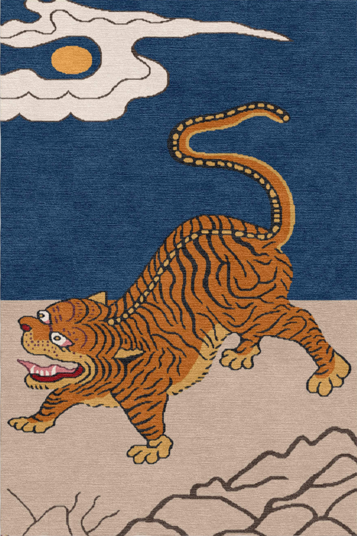 Handmade Wool Tibetan Rug, Tiger Watching the Moon
