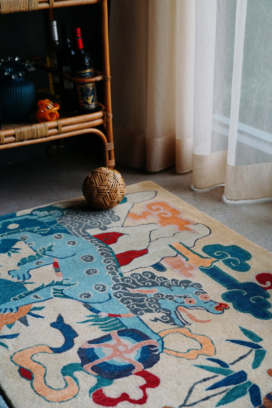 Handmade Wool Tibetan Rug with Snow Lion and Tiger Pattern