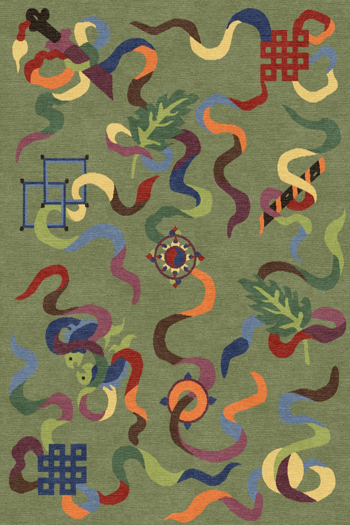 Handmade Wool Tibetan Rug with Eight Auspicious Symbols (Tashi Dargye) Pattern