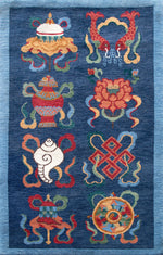 Handmade Wool Tibetan Rug with Eight Auspicious Symbols (Tashi Dargye) Pattern