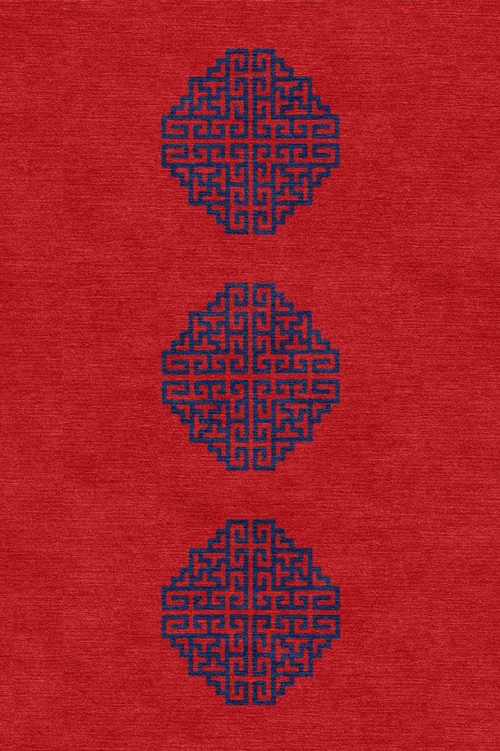 Handwoven Wool Tibetan Rug - Kui Border & Meander Geometric Motif
